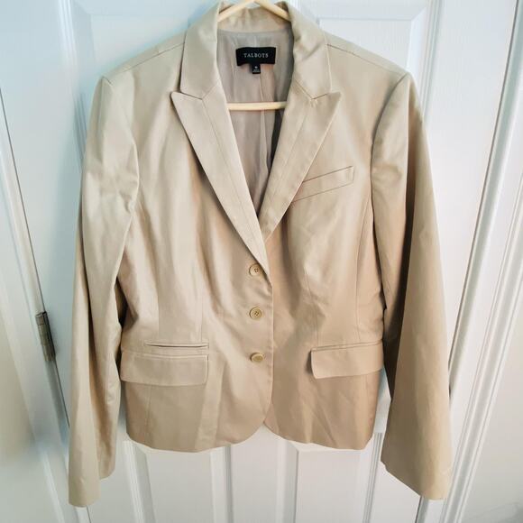 Talbots Blazer Womens 16 Beige Stretch Cotton Lined 3 Button academia career - Picture 1 of 4